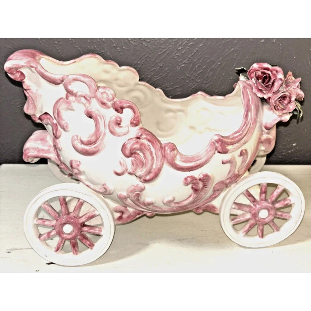 Mary Leone Pottery Whimsical Carriage Planter with Bouquet of Roses Vintage 1975